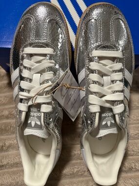 adidas Silver Crackle Low-Top Sneakers with White Stripes